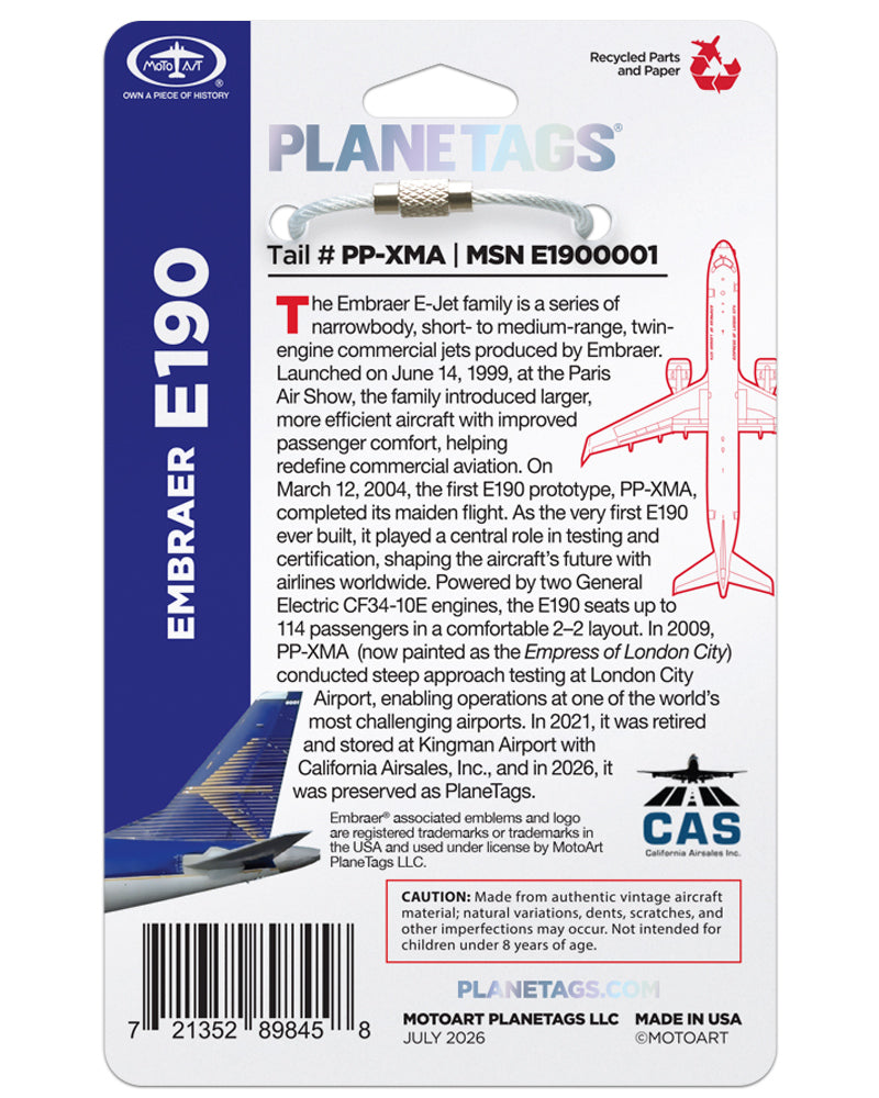 Embraer E190 Prototype PlaneTags | Authentic Aircraft Skin