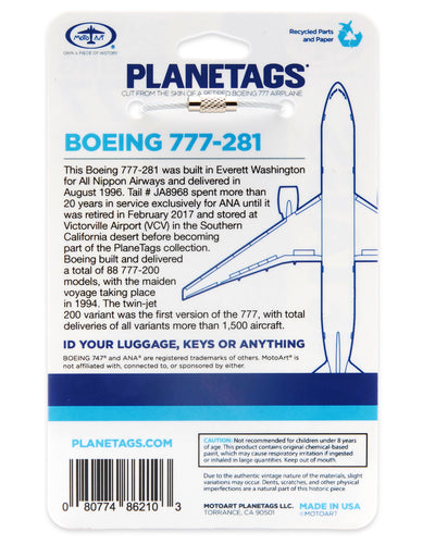 Boeing 777-200 ANA - PLANETAG TAIL #JA8968 - MotoArt PlaneTags